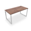 i5 Industries Fusion Metal Leg Desk with Fluted Edge Top Two Grommets - Walnut Top White Base