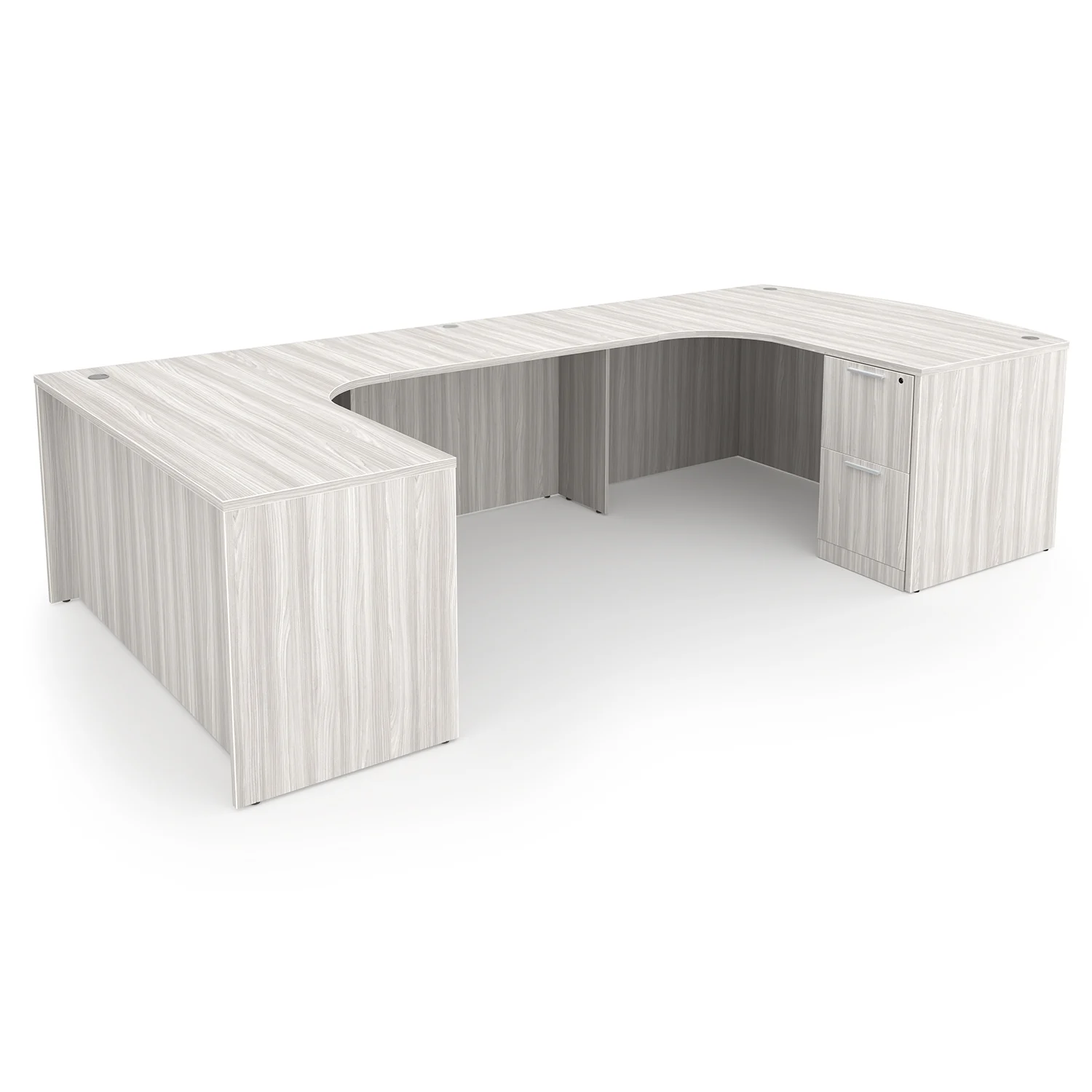 i5 Industries Rayne U-Shaped Extended Corner Bow Front Desk Double Full Ped Back - Harbor Elm - RN-UEBD71114P-2L, RN-UEBD71120P-2L, RN-UEBD71126P-2L