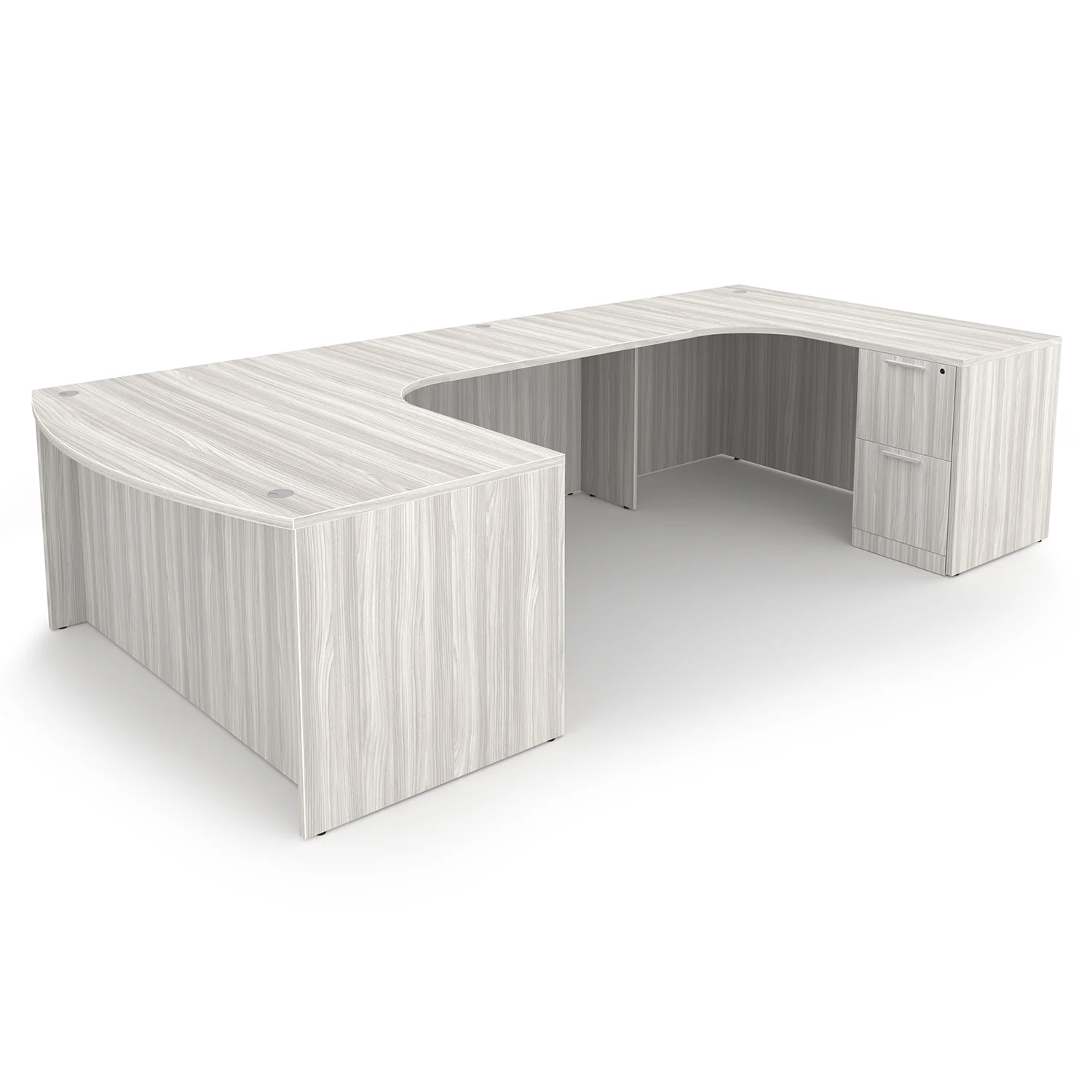 i5 Industries Rayne U-Shaped Extended Corner Bow Front Desk Double Full Ped - Harbor Elm - RN-UEBD71114P-2R, RN-UEBD71120P-2R, RN-UEBD71126P-2R