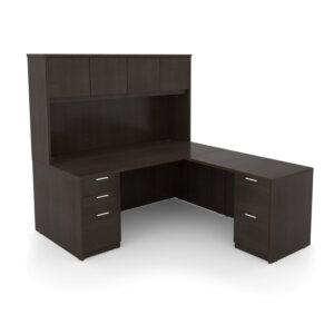 i5 Industries Kai L-Shaped Desk with Double Full Pedestals and Hutch with 4 Wood Doors, 66" L x 72" W