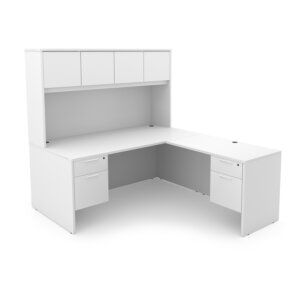 i5 Industries Kai L-Shaped Desk with Double Suspended Pedestals and Hutch with 4 Wood Doors, 66" L x 72" W